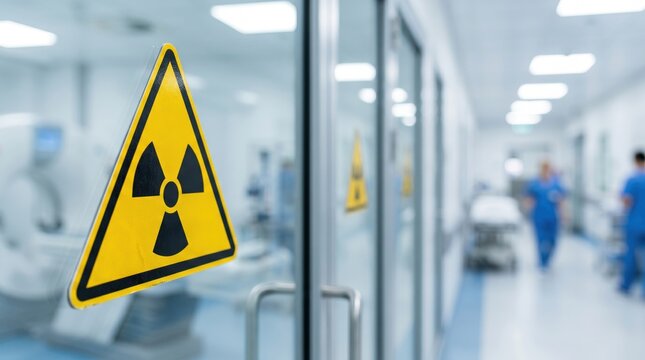 Radiation hazard warning sign on hospital laboratory door. Nuclear medicine, radiology department, radioactive materials, safety regulations and healthcare facility concept
