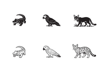 Obraz premium Wildlife Animal Silhouette and Line Art Vector Set