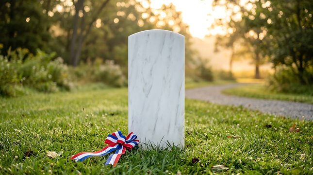 Blank marble headstone with patriotic ribbon in a peaceful cemetery