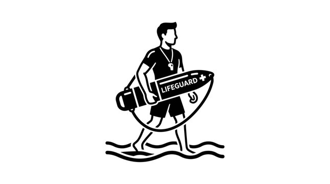 Lifeguard walking in water with rescue buoy