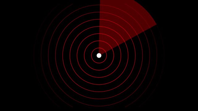 A vibrant red radar screen interface featuring concentric red rings originating from a central white dot, with a prominent sector of deep red translucent wedges on the left side, signifying an