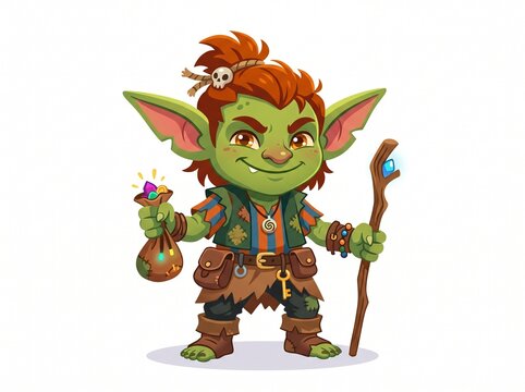 Cute Green Goblin Character Holding Treasure Bag and Staff