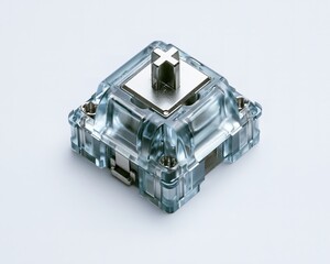 Fototapeta premium Clear, transparent mechanical keyboard switch with metallic top cap and screws.