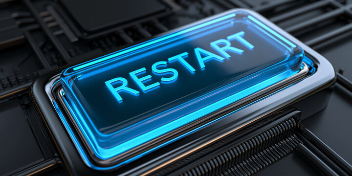 blue glowing restart button on metallic background, neon power restart switch technology concept, futuristic blue reboot button