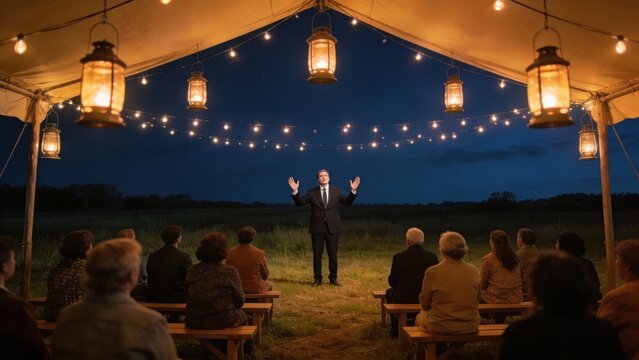 Man Preaching Outdoors Under Lanterns and String Lights at Dusk