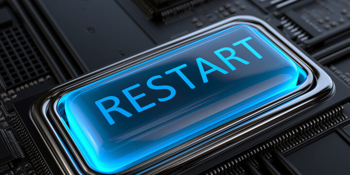 blue glowing restart button on metallic background, neon power restart switch technology concept, futuristic blue reboot button