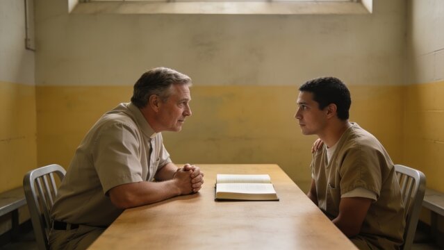 Two men in prison uniforms talking across a table with a book