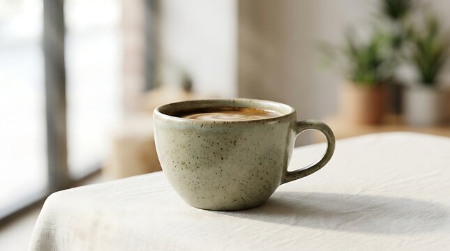 Ceramic coffee cup with latte art on white linen tablecloth in cafe
