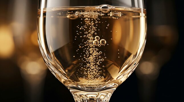 Golden champagne bubbling in crystal glass for celebration toast