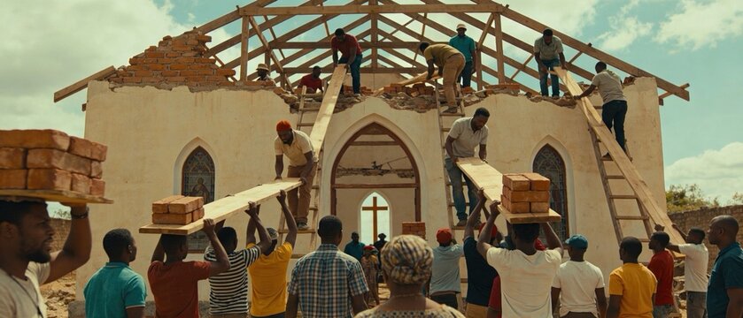 Community Rebuilding Church Structure: People Carrying Bricks and Wood for Construction