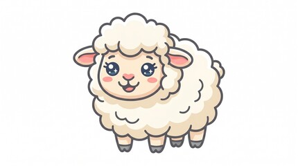 Fototapeta premium A cartoon-style illustration of a cheerful sheep with a fluffy white coat and pink ears on a plain white background.