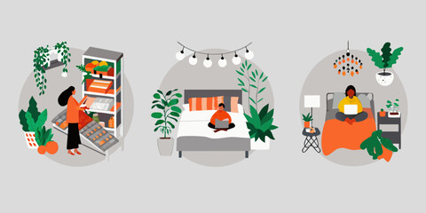 Three Interior Scenes With People Flat Vector Illustration © Rupa