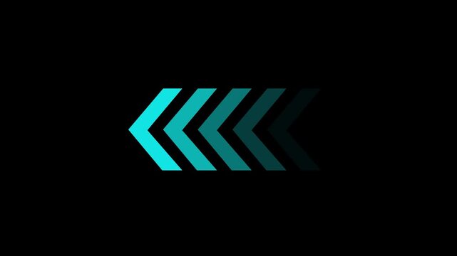 A series of chevron arrows pointing leftward, transitioning in color from bright cyan to deep teal and finally to dark grey, set against a solid black background, suggesting movement or progression