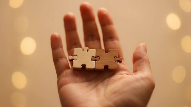 A hand holds two wooden puzzle pieces that fit together perfectly