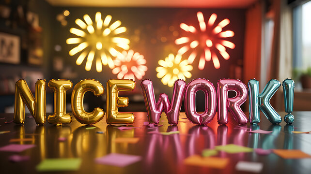 Nice work congratulatory text with fireworks and colorful celebration background