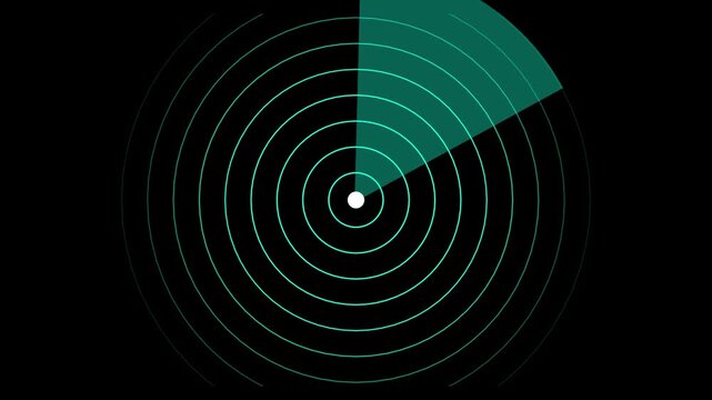 A circular radar screen graphic with concentric light blue rings emanating from a central white dot, a teal sector sweeping across the display, set against a black background, symbolizing detection