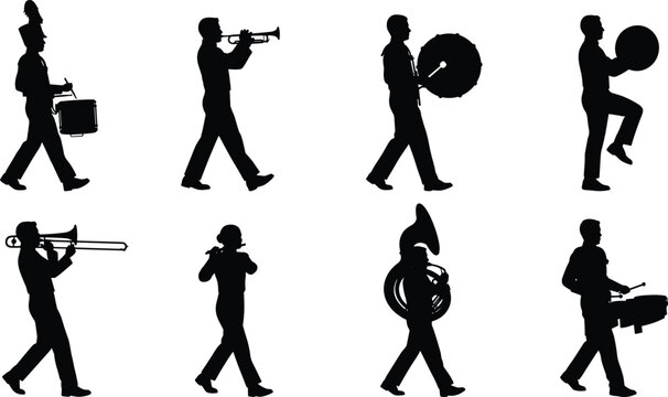 Black silhouettes of marching band musicians playing instruments in parade performance