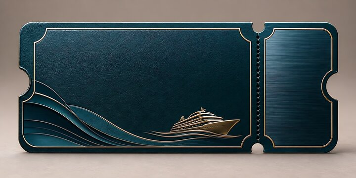 A dark blue cruise ship ticket with gold embossed details, featuring a stylized ship and wave patterns, isolated on a neutral gray background