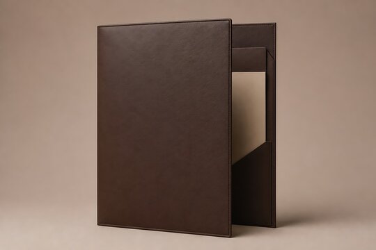 A dark brown leather textured presentation folder standing open on a neutral beige background, showing an internal, pocket and paper insert