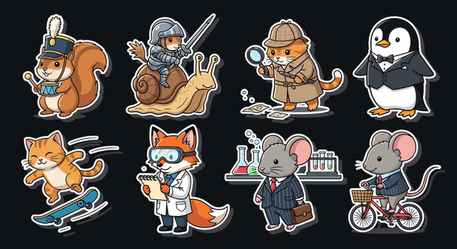 Colorful cartoon animals in various professions and activities.