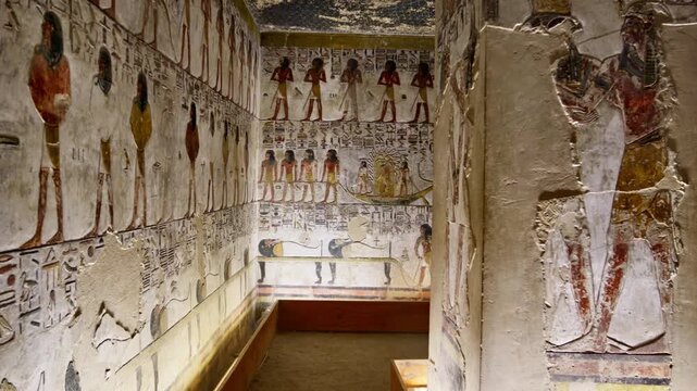 Close-up of ancient Egyptian relief carving inside KV17 tomb of Seti I, Valley of the Kings, Luxor, Egypt, showing a deity figure with black hair and deteriorating pigment.
