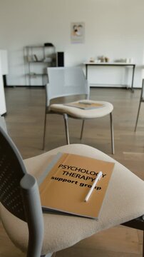 Vertical shot of folder labeled psychology therapy support group lying on chair in empty office. Concept for mental health awareness campaigns and counseling services promotion