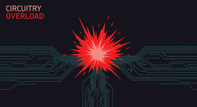 Circuitry overload with bright red spark on black background