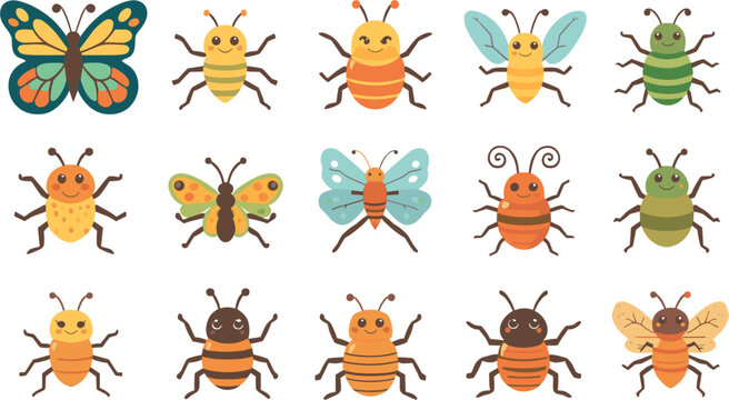 Cute cartoon garden insects and bugs vector collection set featuring colorful butterflies beetles bees and friendly fly characters isolated on white background.