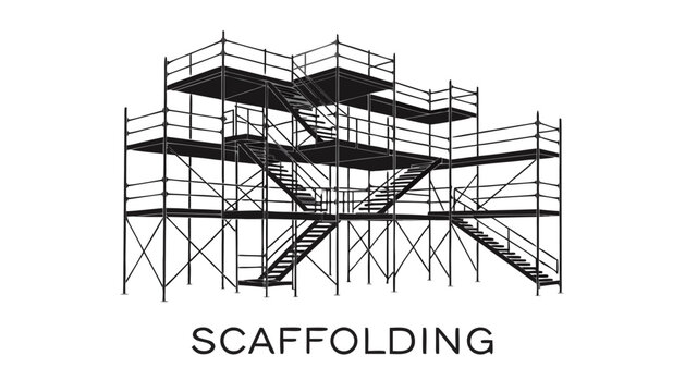 Very beautiful black and white vector illustration of SCAFFOLDING with detailed metal framework and structural engineering design, isolated on white background, with the label "SCAFFOLDING" displayed 