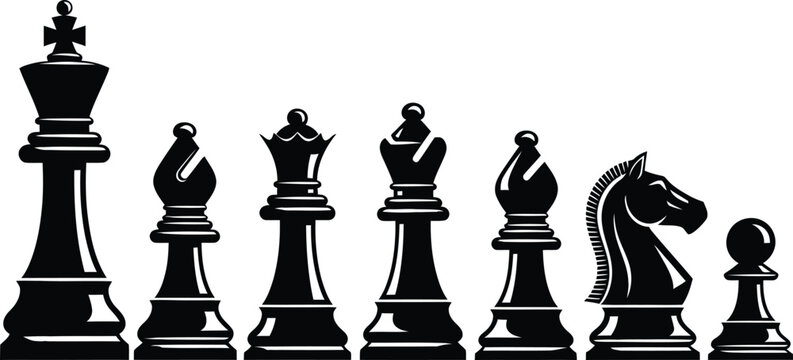 Black chess pieces lineup king bishop queen rook bishop knight pawn isolated vector illustration