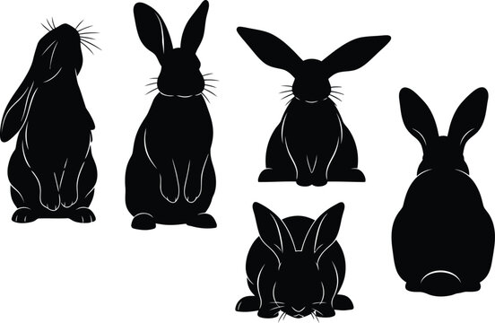 Collection of five black rabbit silhouettes in various poses isolated on a white background ideal for easter designs