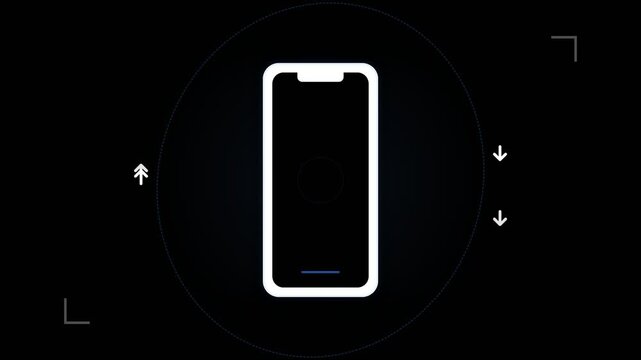 Minimalist smartphone icon with moving arrows on a black background