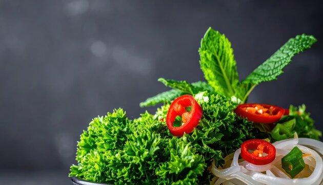 Close up of fresh green salad with red chili peppers.