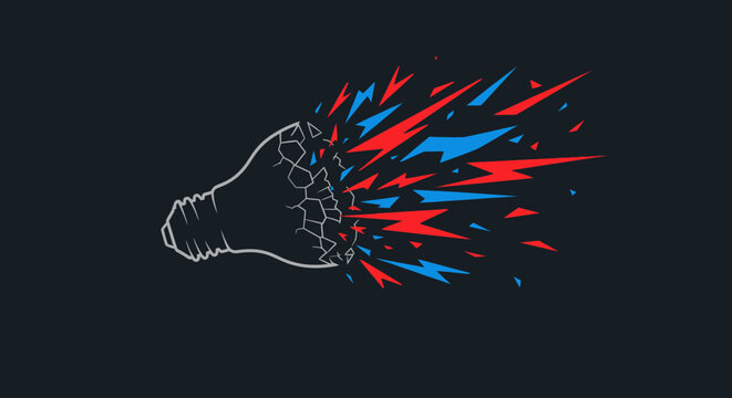exploding lightbulb with red and blue sparks on black background