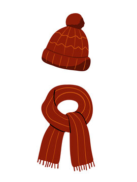 Knitted winter hat and scarf set hand drawn illustration isolated on transparent background