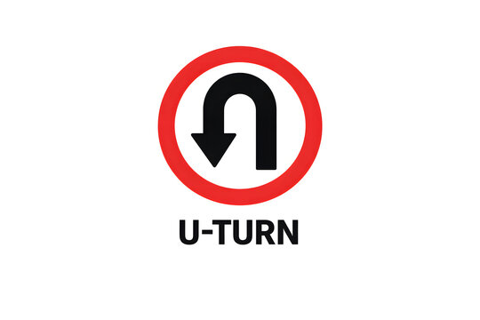 U-turn road sign isolated on white background with bold red and black colors
