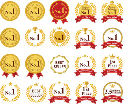 Icon set awards with Crown, Laurel Wreaths, Text Frames, Borders, Cups and Rankings. Ranking No.1 Award Best Seller Badge
