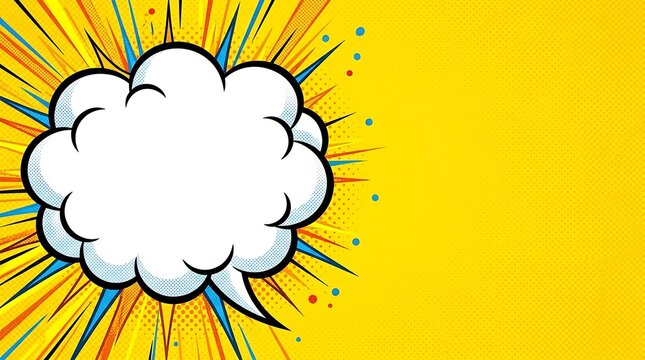 Retro pop art speech bubble with energetic burst on yellow background