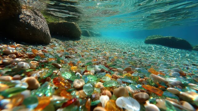 Underwater Beach Scene with Colorful Sea Glass and Smooth Stones, Bright