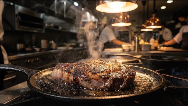 Thick juicy steak sizzling in hot cast-iron skillet releasing steam in busy professional restaurant kitchen, gourmet culinary arts and fine dining concept.