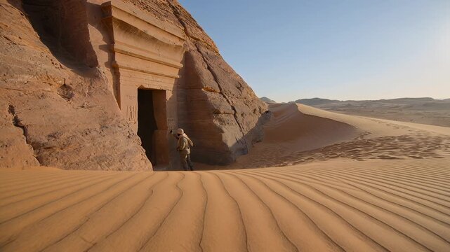 Saudi Arabia desert, AlUla and ancient tomb at Hegra with sand dunes for travel, history and tourism. Man, traveler and heritage site in Middle East with Nabataean architecture and archaeology study