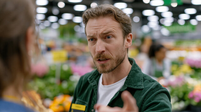 W&uuml;tender Mann streitet in einem Supermarkt, Blick &uuml;ber die Schulter. Konzept f&uuml;r Kundenbeschwerde, Konflikt im Einzelhandel und schlechten Kundenservice