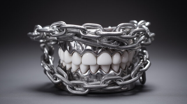 constrained. Metal dental model wrapped in heavy chains, symbolic representation of constrained movement on dark background. wellbeing guides.