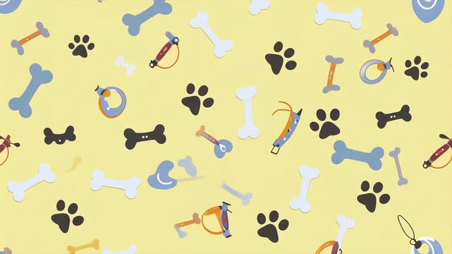 A playful pattern of dog toys and bones scattered on a yellow background