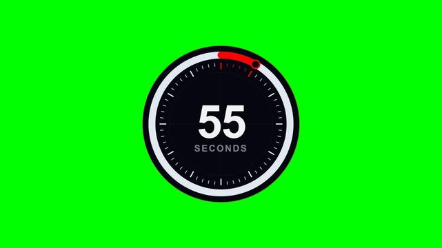 60 Seconds Countdown Timer with Red Circular Progress Bar and Black Dial on Green Screen for Video Production