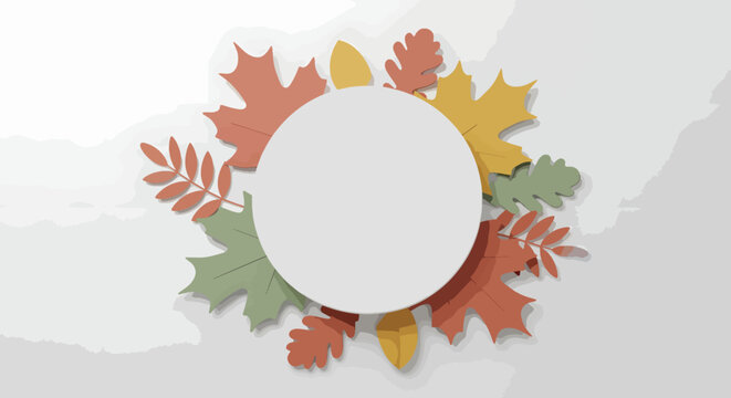 Flat lay composition of colorful autumn leaves arranged around a white circle on a light gray background with a natural and seasonal theme.