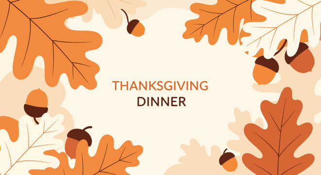 Thanksgiving dinner invitation card with autumn leaves and acorns on a beige background.