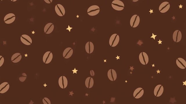 Brown coffee beans and gold stars scattered on dark background with sparkles