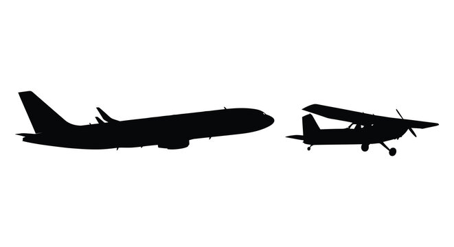 Airplane And Small Plane Silhouettes Against White Background