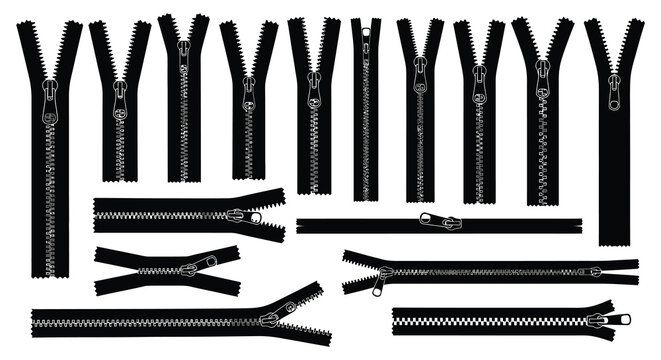 Black Zipper Collection Vector Illustration With Various Positions And Lengths